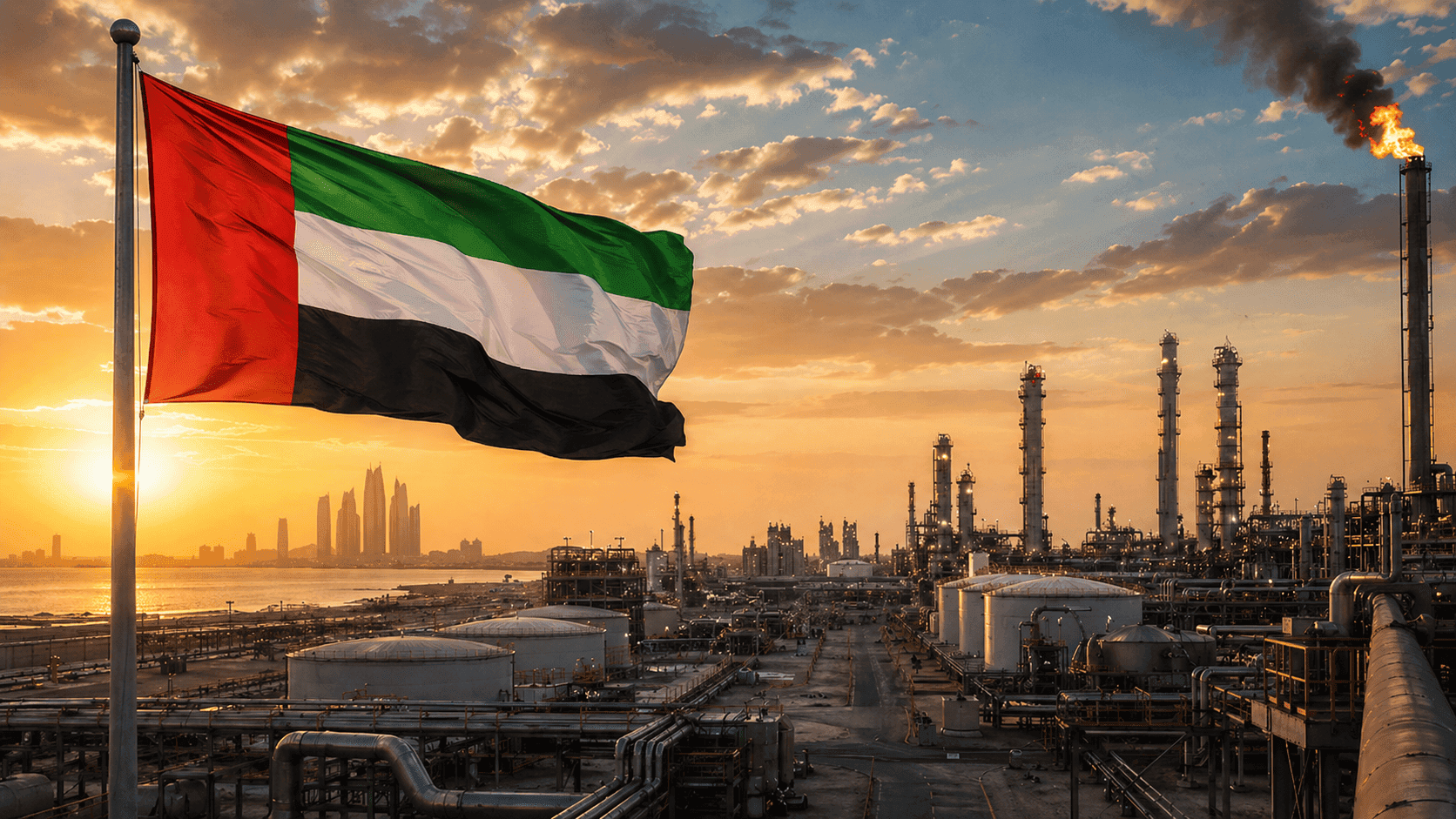 A wide shot of an Abu Dhabi oil facility with the UAE flag in the foreground, framing the country's break from the OPEC+ alliance.
