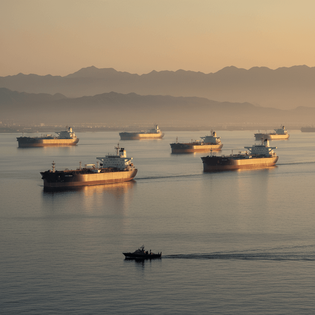 Oil tankers transit near the Strait of Hormuz at dusk, with hazy mountains on the horizon and calm seas.