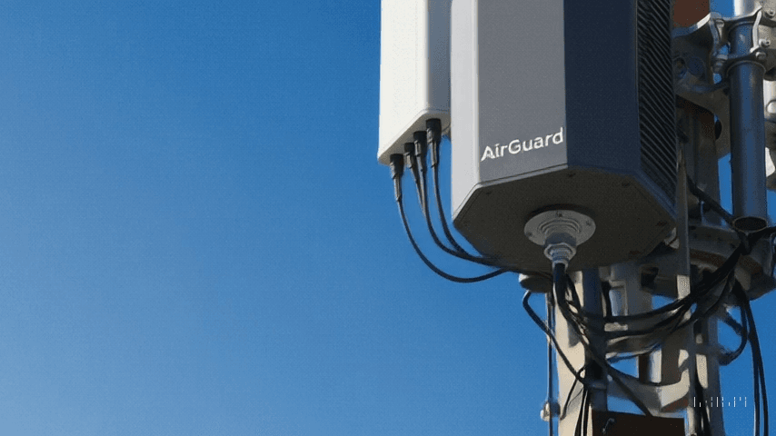 AirGuard's 8-antenna interference-monitoring device mounted on a telecom tower in the MENA region