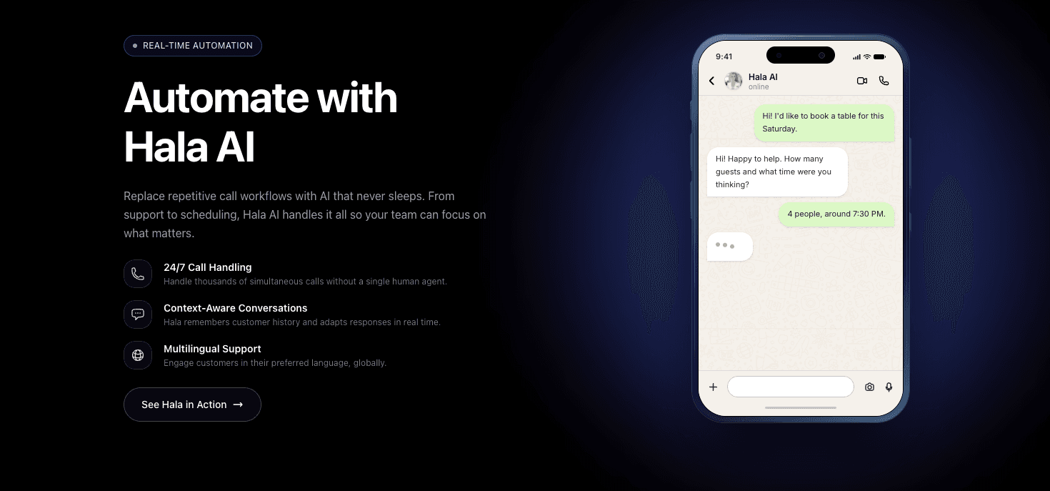 Hala AI product interface showing a WhatsApp chat in Lebanese Arabic with the Hala AI logo and a booking confirmation message.