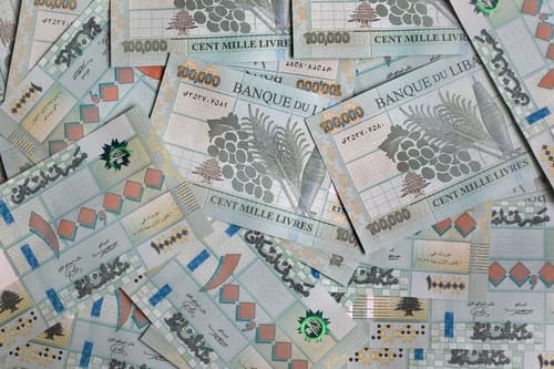 A stack of Lebanese lira banknotes