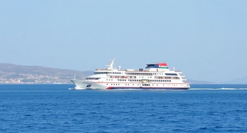 A passenger ferry docked at Jounieh with the Mediterranean and Mount Lebanon coastline in the background
