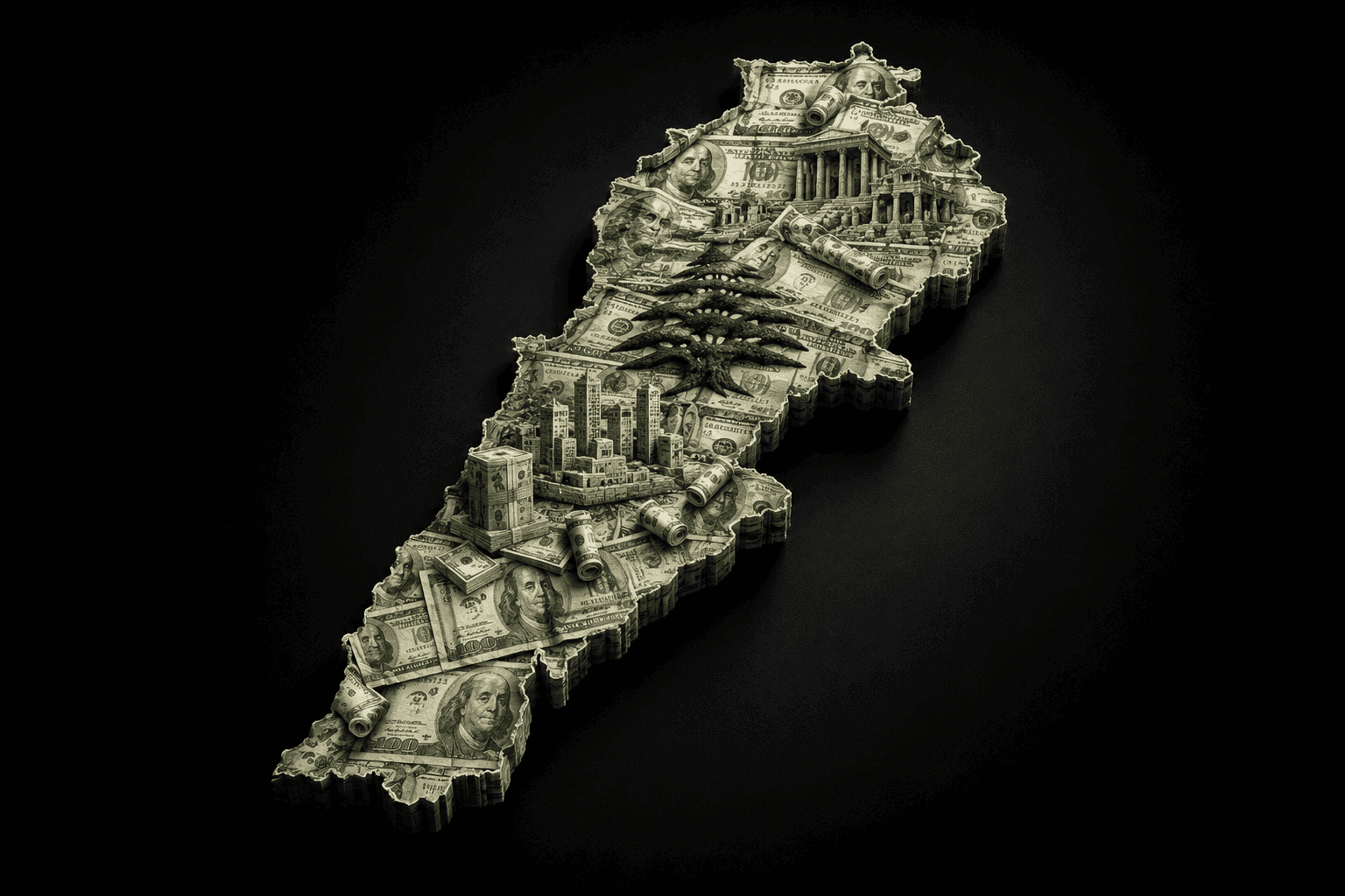 A map of Lebanon sculpted from US hundred-dollar bills, with the cedar tree and a skyline of buildings rising from the center, set against a black background.