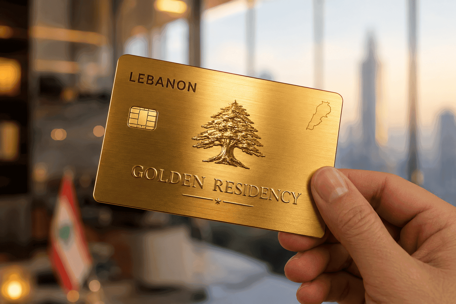 Hand holding a gold metallic Lebanon Golden Residency card embossed with the cedar tree, the country's outline, and a chip, against a blurred modern city skyline with a Lebanese flag in the background.