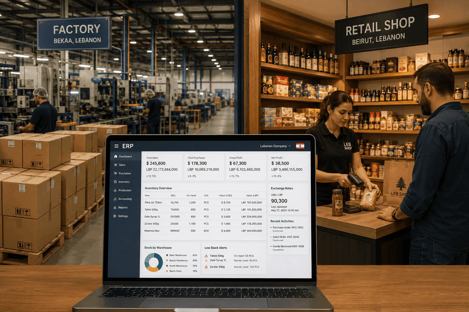 A factory floor and a retail shop counter in Lebanon side by side, with a laptop screen showing an ERP dashboard displaying inventory levels and dual USD and LBP figures