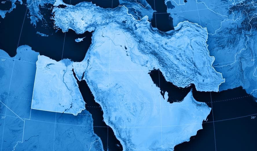 A stylized map of the Middle East and North Africa with rising bar charts overlaid on the UAE and Egypt, representing monthly startup funding flows.