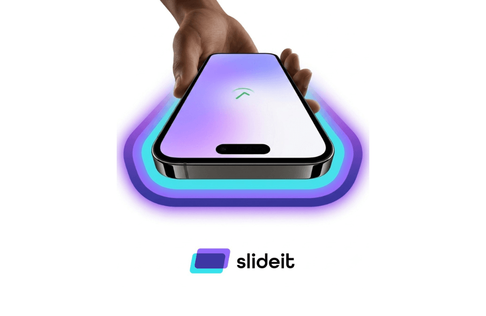 A hand lowers a smartphone into a glowing teal and purple halo, the Slideit app screen showing an upward chevron, with the lowercase "slideit" logo below on a white background.
