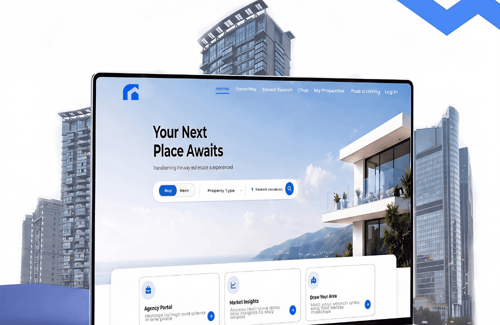 The DoorEast homepage on a laptop, with Buy and Rent search tabs and feature cards for Agency Portal, Market Insights and Draw Your Area, shown against Beirut high rise towers.