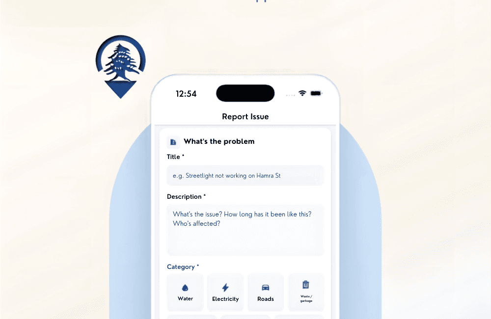 Baladi Map's Report Issue screen on an iPhone, showing title and description fields with an example report about a streetlight on Hamra Street, and category tiles for Water, Electricity, Roads and Waste, beside the Baladi Map pin logo with a Lebanese cedar inside it.