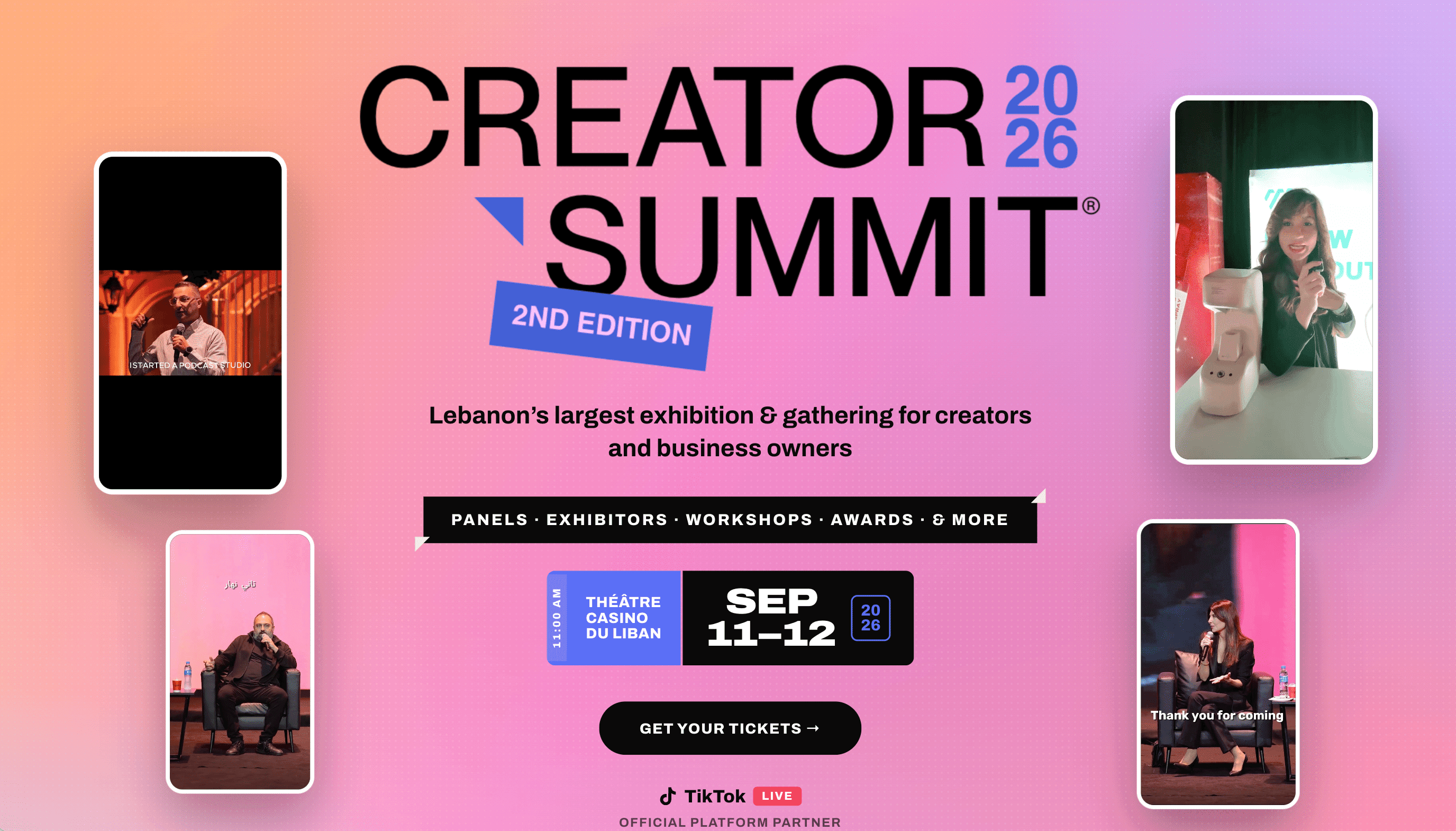 Creator Summit 2026 poster announcing the second edition at Théâtre Casino du Liban on September 11 and 12, with speaker photos and TikTok LIVE as platform partner.