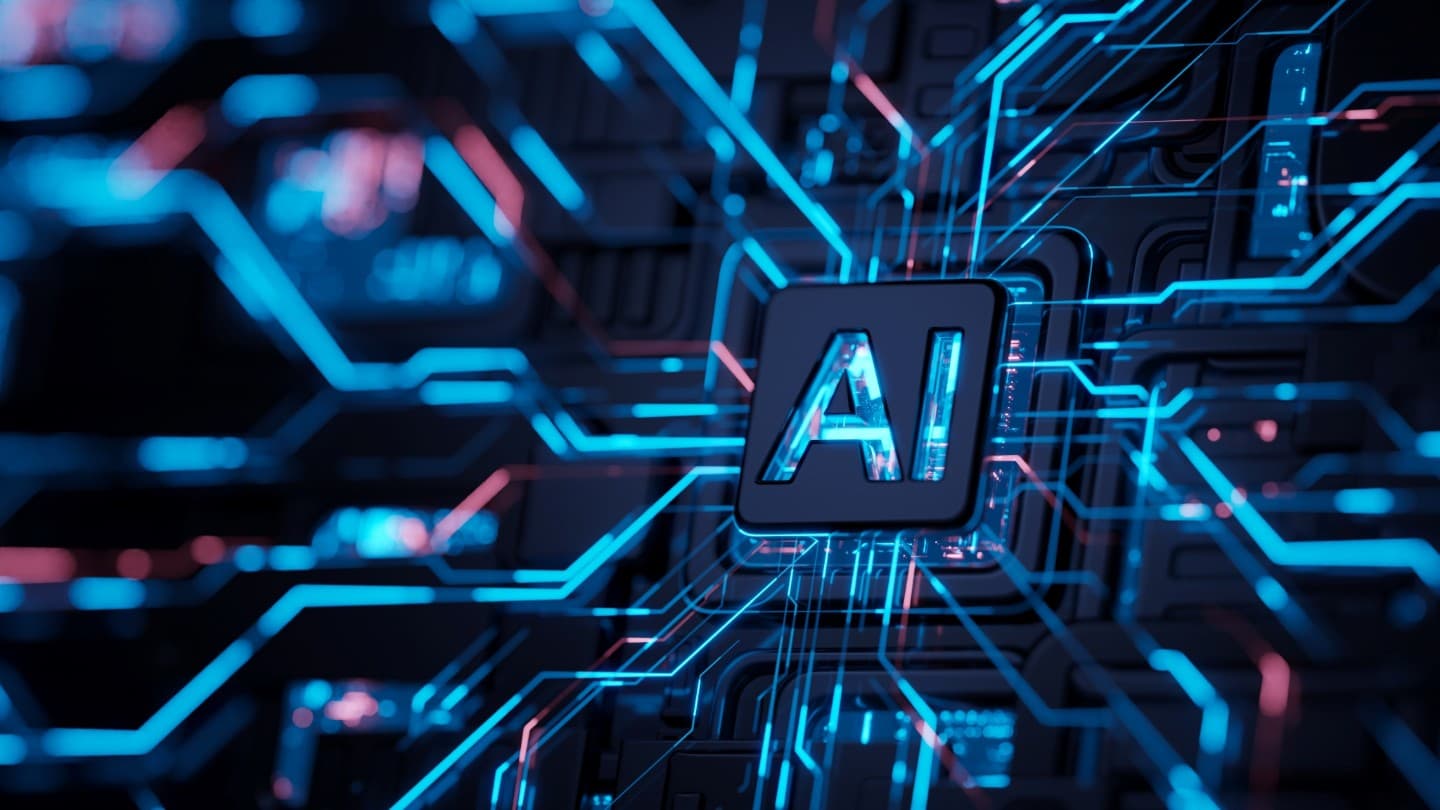 A dark circuit board with glowing blue traces converging on a central chip marked AI