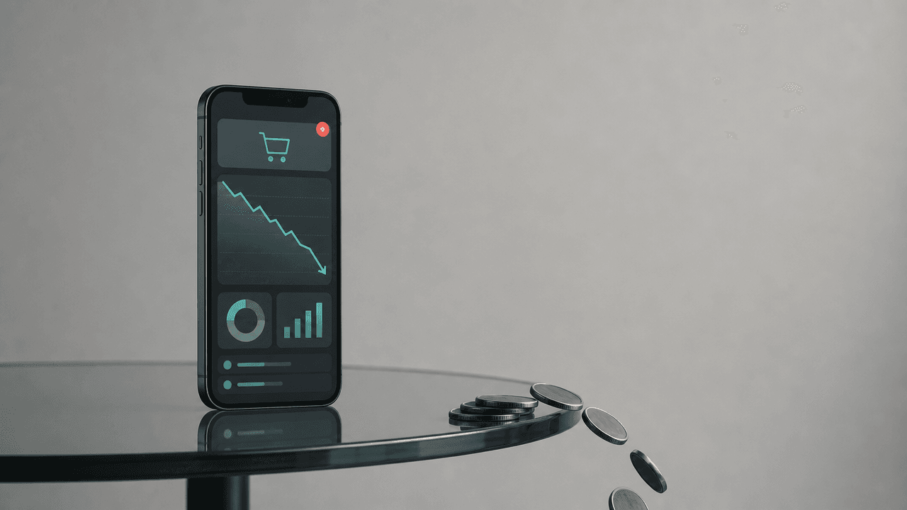 Smartphone showing an ecommerce dashboard with a falling sales chart and a red alert, while coins slide off the edge of a glass table