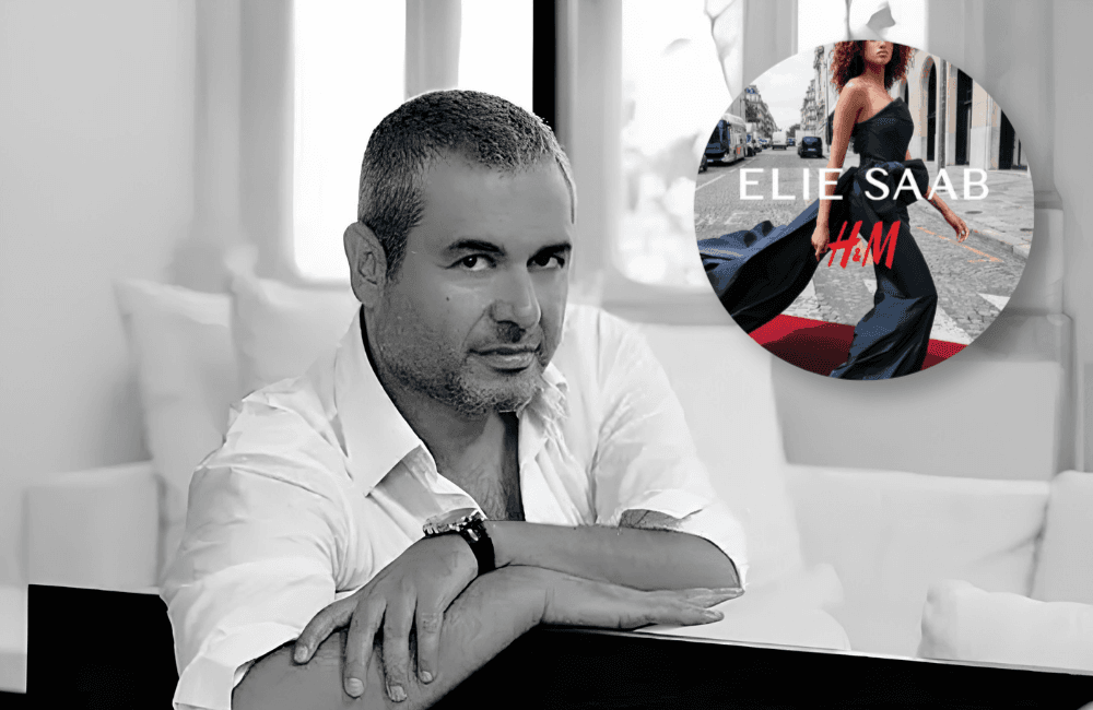 Black and white portrait of Lebanese designer Elie Saab in a white shirt, with an inset of the Elie Saab x H&M campaign showing a model in a navy gown on a Paris street.