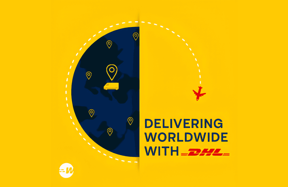 Yellow Wakilni and DHL graphic showing a navy globe with location pins and a delivery van, a dotted flight path to a red plane, and the text Delivering Worldwide with DHL