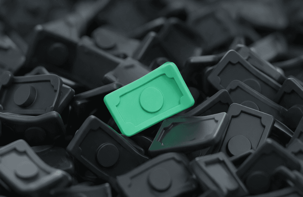 A pile of dark gray 3D banknote icons, with a single green banknote standing out in the center. White text across the top reads "Lebanon Salaries vs Dubai, London and New York - 23 Roles Priced in 2026