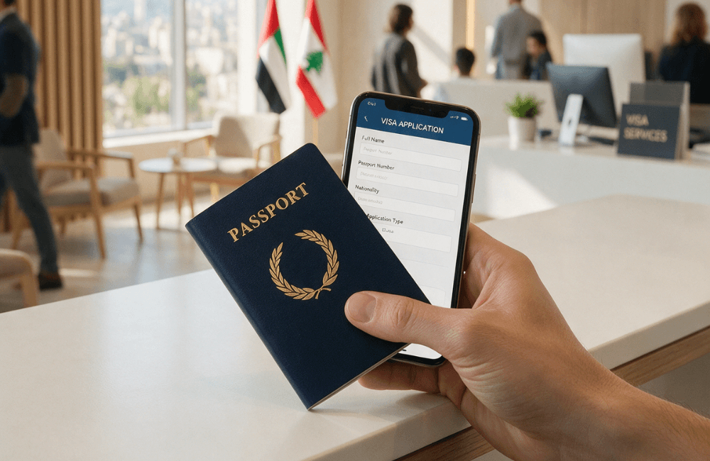 A hand holding a navy passport and a smartphone showing a visa application form at a white service counter, with UAE and Lebanese flags and a bright, modern visa office in the background.