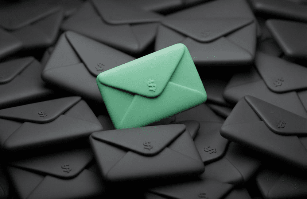 A pile of dark charcoal envelopes marked with small dollar signs, with a single mint green envelope rising out of the center, representing the $6.7 billion Lebanese abroad sent home in 2023.