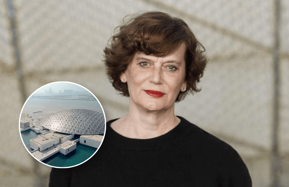 Souraya Noujaim, newly appointed director of Louvre Abu Dhabi, pictured in a black sweater, with an inset aerial view of the museum's domed building on Saadiyat Island.