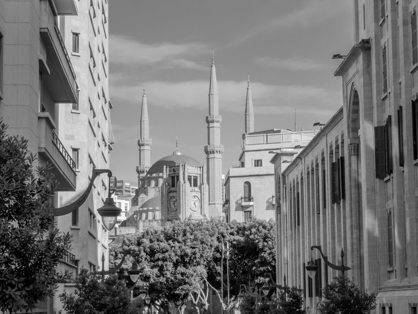 Downtown Beirut street with the Mohammad Al-Amin Mosque and the Nejmeh Square clock tower
